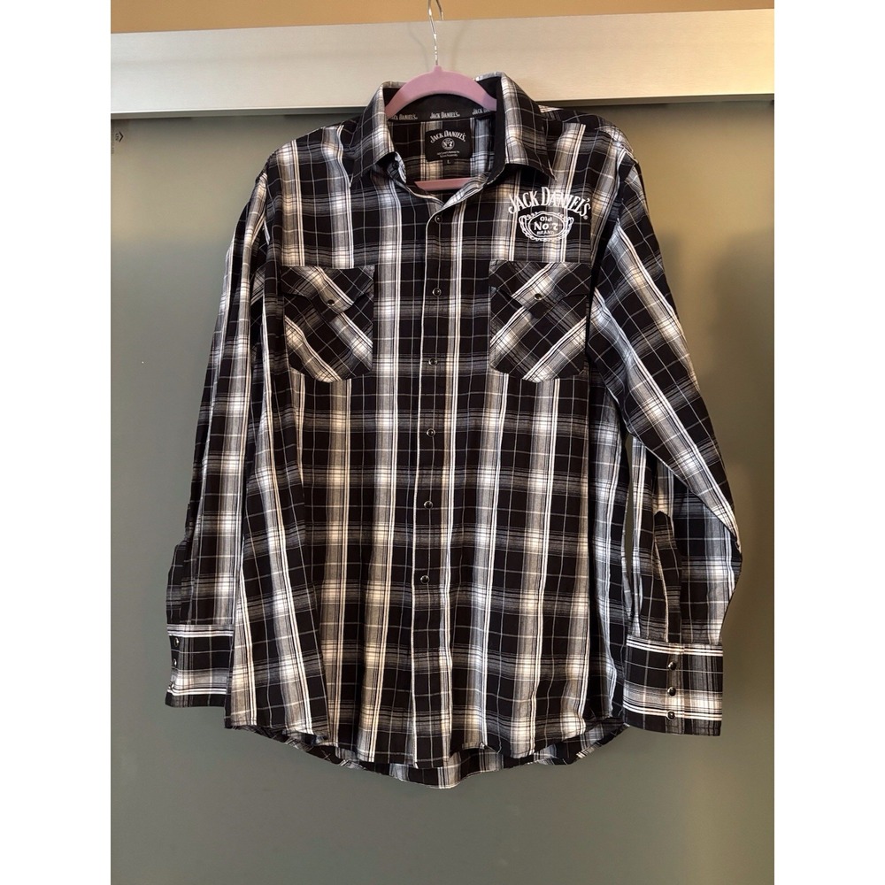 Jack Daniel's Old No 7 Women's‎ Size L Black N White Plaid Pearl Snaps